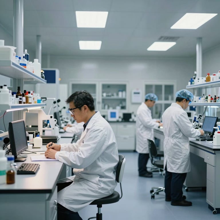 A wide shot of a clean, state-of-the-art laboratory or testing facility with engineers wearing safety gear, professional lighting.
