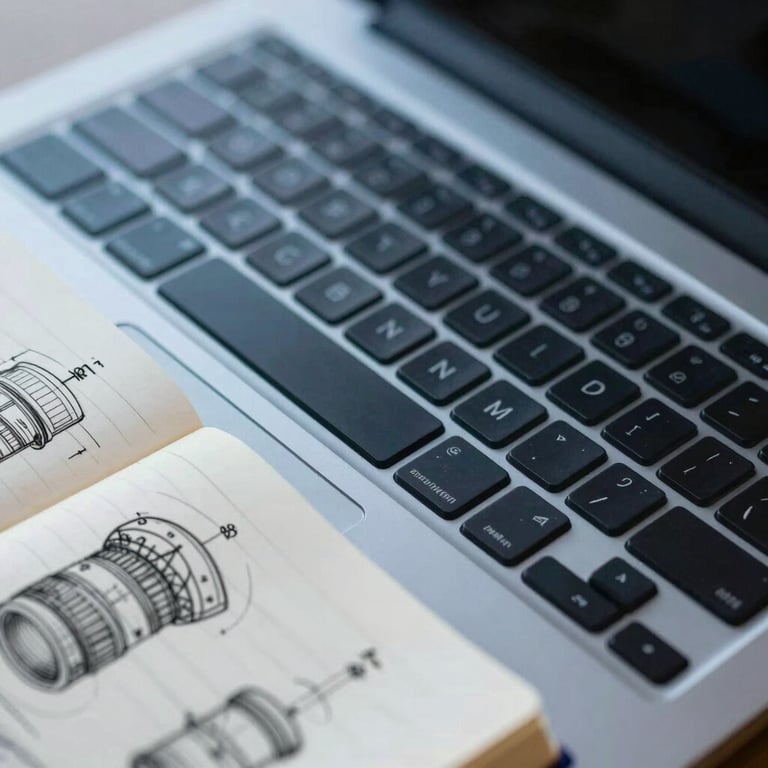 Detailed shot of a laptop keyboard and a notebook with technical sketches, dark blue-grey and teal accents.