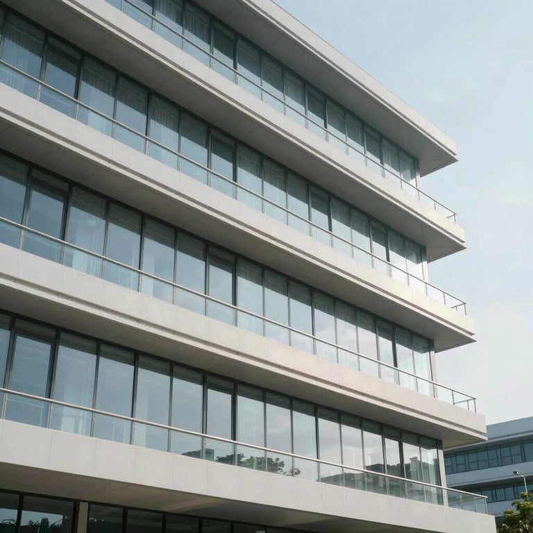 Modern architectural detail of an engineering institute with glass and steel, clean lines, bright daylight.