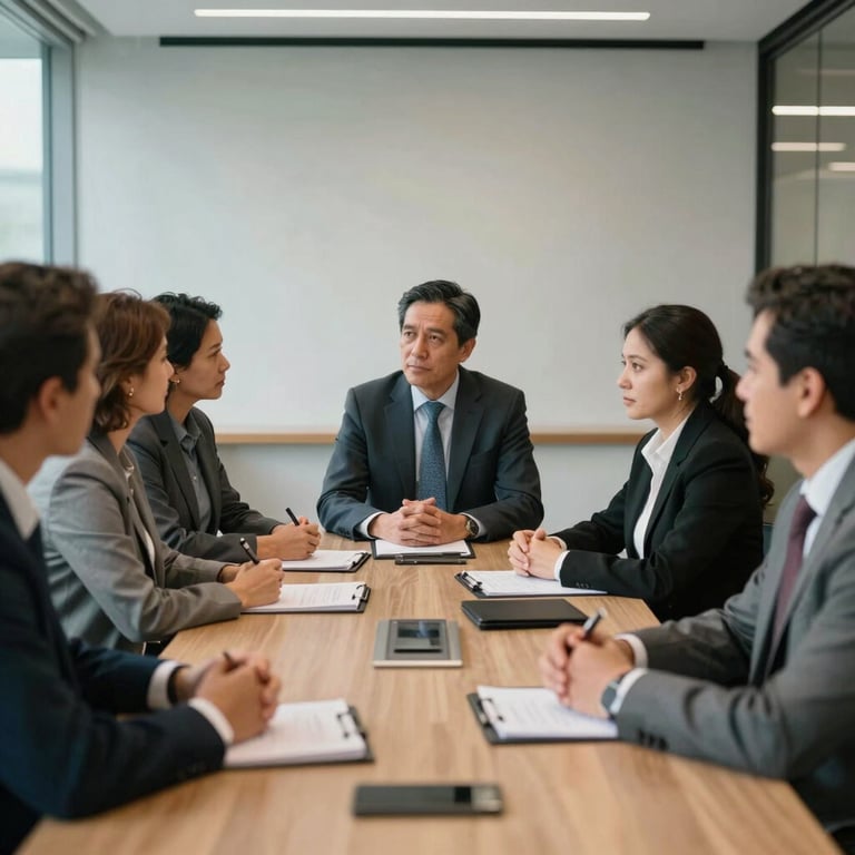 A group of professionals in a modern corporate meeting room in Mexico, focused and engaged in a seminar, natural lighting, professional attire.
