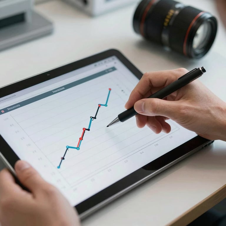 Close-up of a hand using a digital tablet displaying a lean manufacturing chart, clean industrial background.