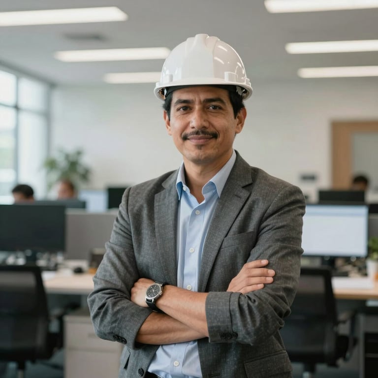 Portrait of a confident professional engineer in a bright, modern office, North American / Mexican setting, academic atmosphere.