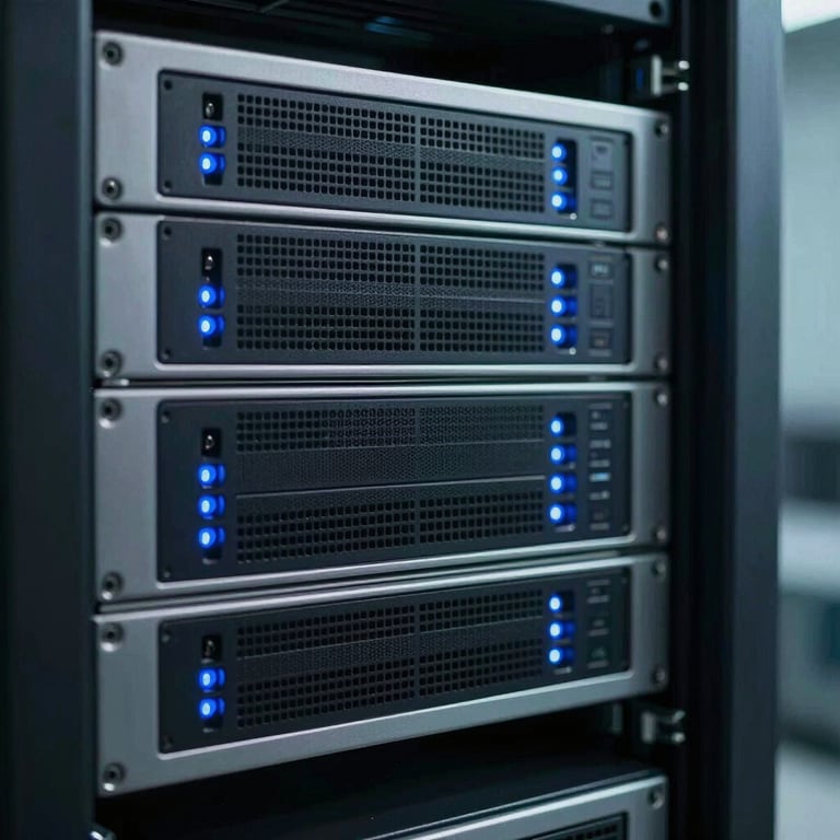 Close-up of a high-performance server rack in a secure data center, North American / US, with soft blue indicator lights and a clean professional aesthetic.
