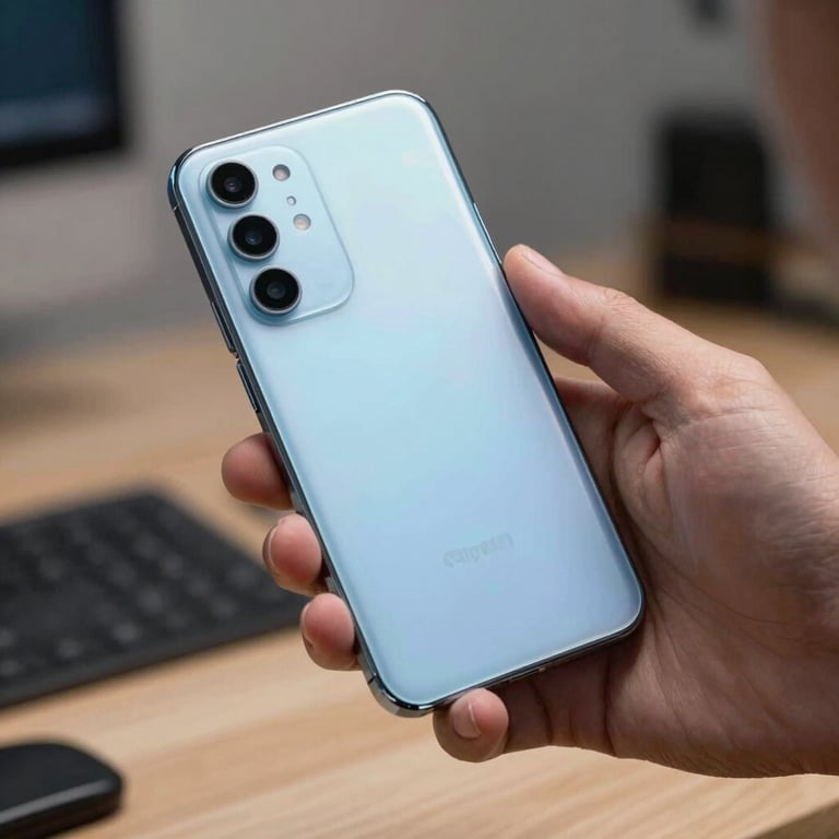Macro photography of an Android device being used by a professional in a modern workspace, North American / US, focusing on smooth glass and ice blue light.