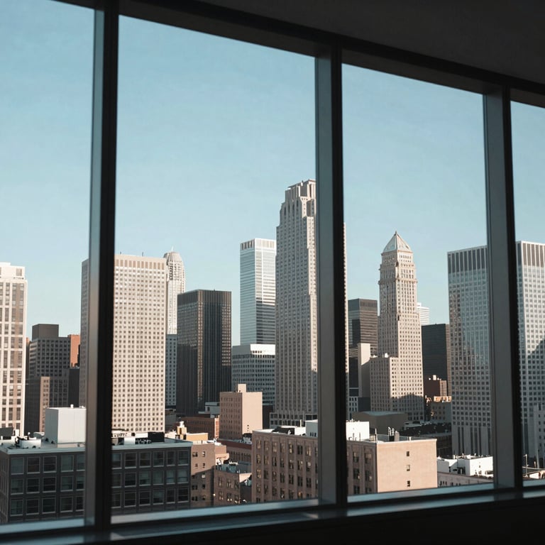 A wide shot of a contemporary urban skyline through a large floor-to-ceiling office window, North American / US, reflecting pale blue and charcoal colors.
