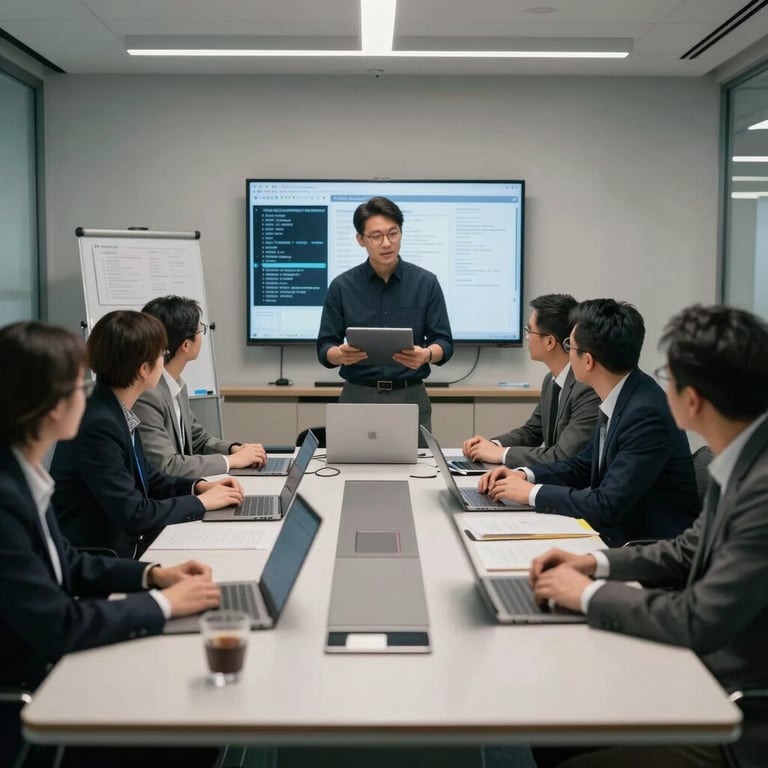 Professional team collaborating in a high-tech meeting room with sleek equipment, North American / US environment, modern and innovative atmosphere.