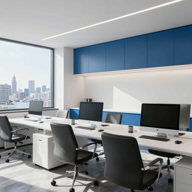 Modern minimalist tech office with clean lines and natural lighting in San Francisco, North American / US, featuring ghost white and steel blue tones.
