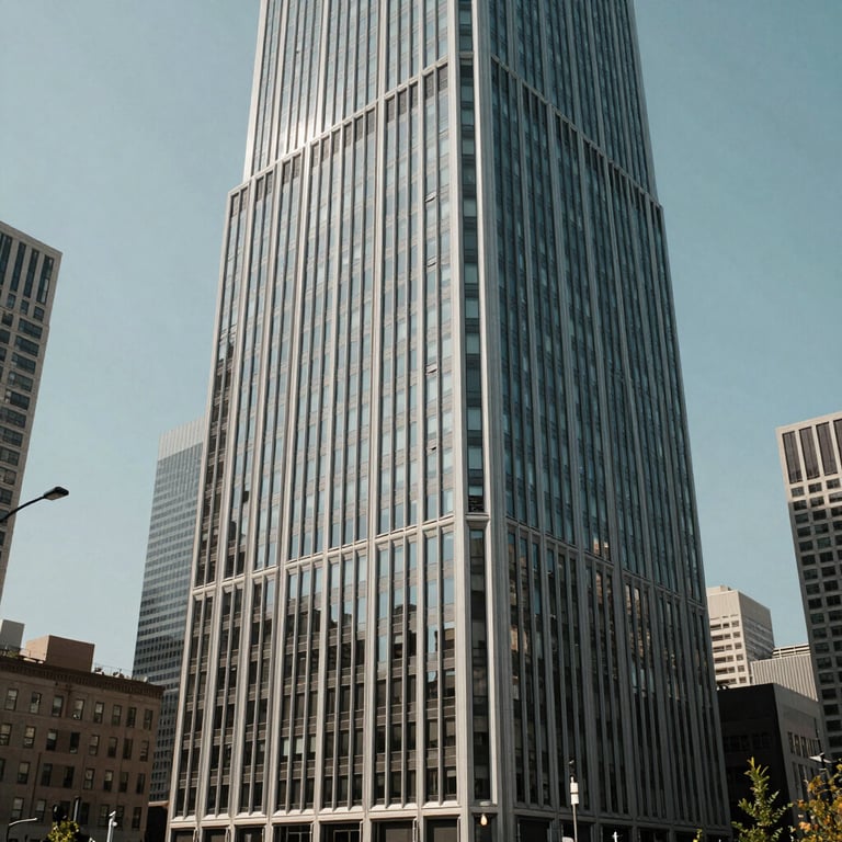 Architecture of a futuristic corporate building in a major North American city, North American / US, capturing a mood of reliability and sophistication.