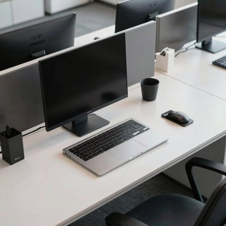 High-angle shot of a sleek, modern office workspace with high-end tech and clean surfaces.