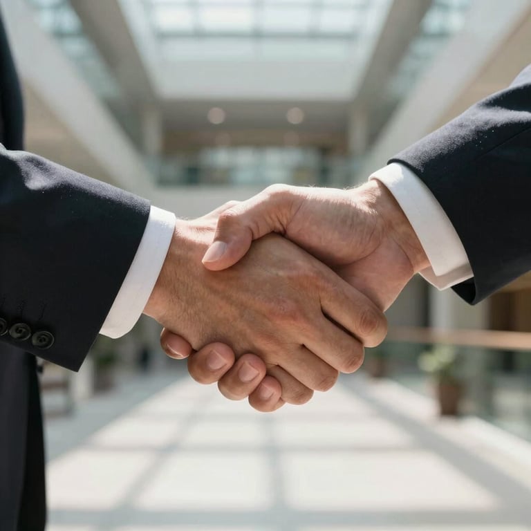 A close-up of a professional handshake in a sunlit atrium, symbolizing trust and partnership.