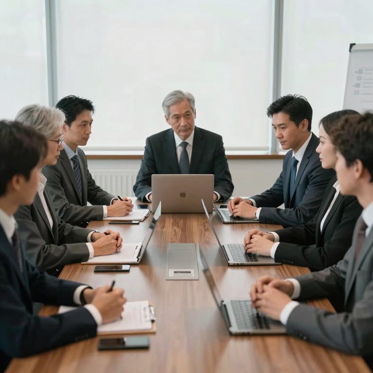 A professional boardroom meeting with diverse executives in sharp business attire, natural lighting.