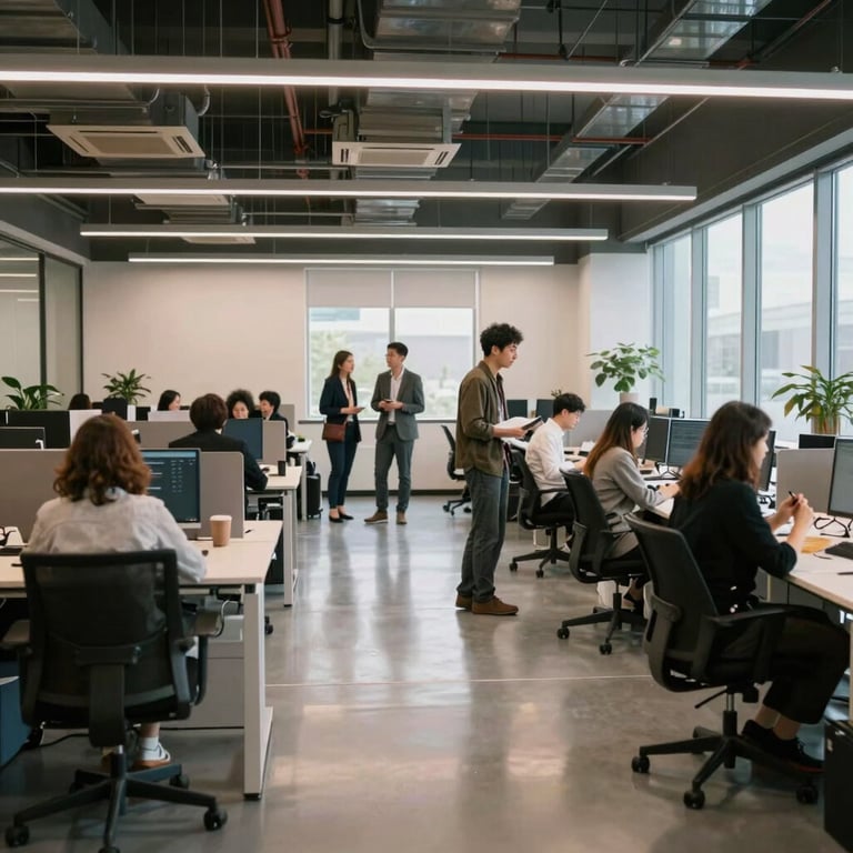 A wide shot of a collaborative open-plan office reflecting a culture of transparency and growth.