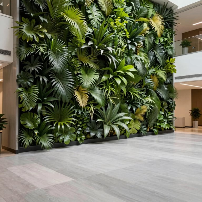 A sophisticated North American corporate lobby with light gray floors and a large living green wall.