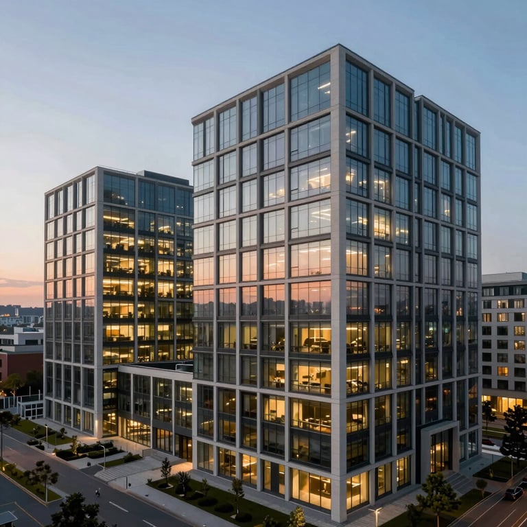 A crisp, architectural shot of a contemporary office complex at dawn with glowing windows.