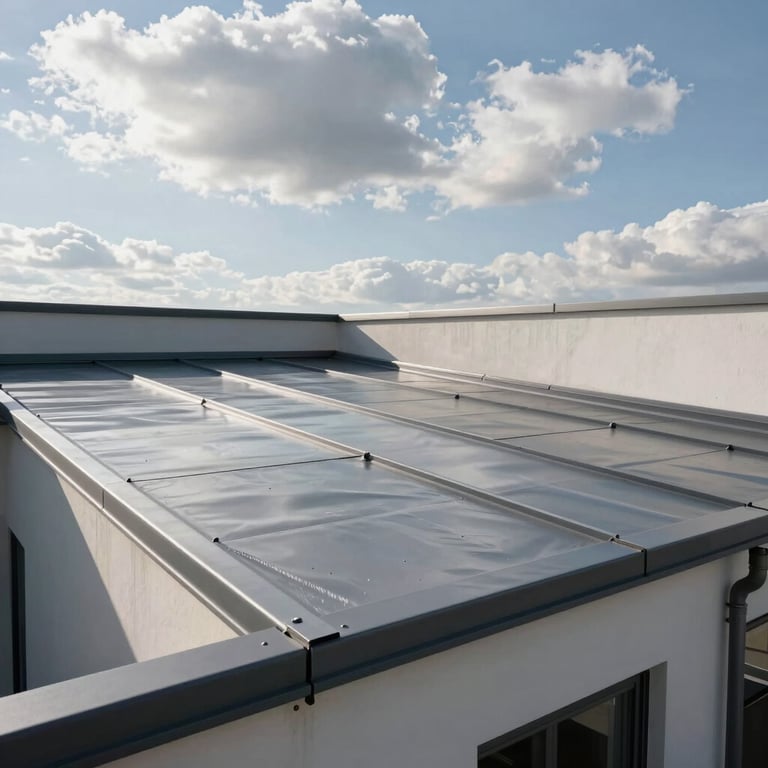Modern roof terrace with waterproof coating and clean lines, European architecture, sharp focus, Cloud and Silver tones.