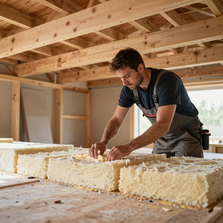 A professional expert installing insulation layers under a wooden roof frame, European French construction site, bright lighting.
