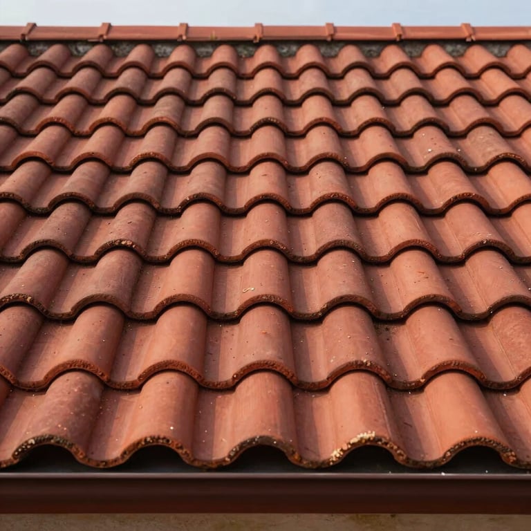 Detail of red clay roof tiles perfectly aligned on a French residential building, high contrast, warm daylight.