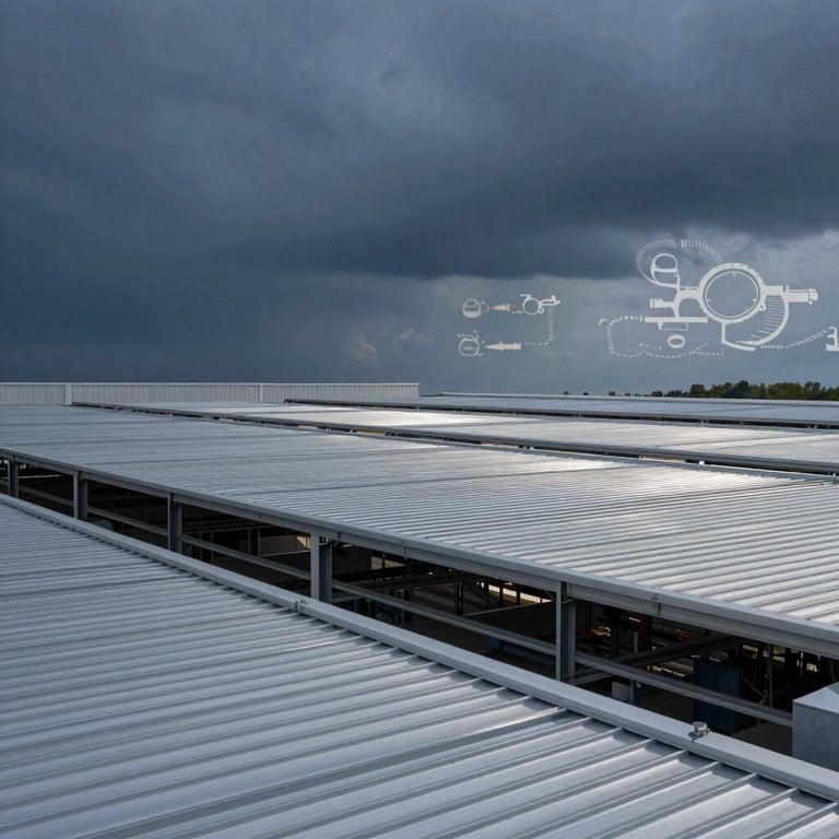 Wide angle shot of a industrial bac acier roof installation, sleek and modern, under a Dark Blue and Gray sky.