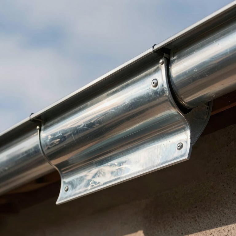 Close-up of newly installed zinc gutters reflecting the sky, detailed metalwork, professional roofing style.