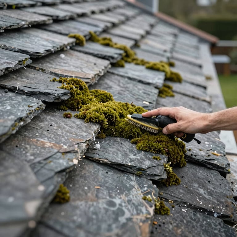 Cleaning and moss removal process on a slate roof showing a clear before and after, daytime outdoor photography.