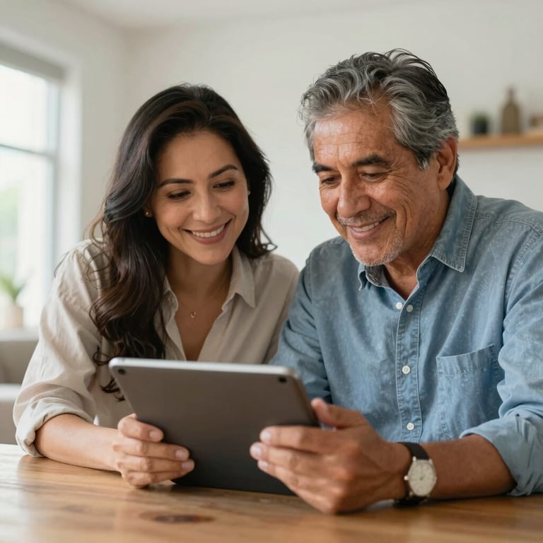 A Mexican couple in their 40s reviewing a financial plan on a tablet, smiling, in a bright modern home.