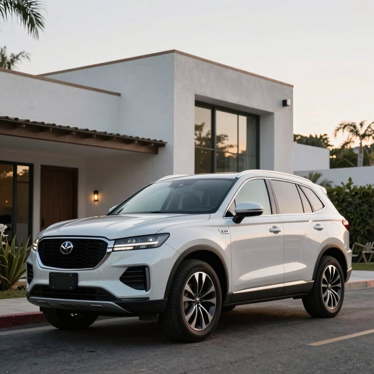 A high-end SUV parked in front of a modern Mexican residence, with clean morning light.