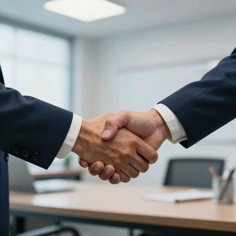Close up of two people shaking hands in a bright Mexican office, soft navy blue lighting, representing a signed insurance policy.