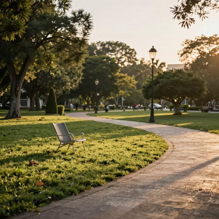 A serene park in Mexico during golden hour, representing a peaceful and well-planned retirement.