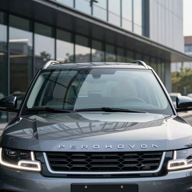 A luxury SUV with a newly replaced, gleaming windshield in front of a modern glass-fronted building.