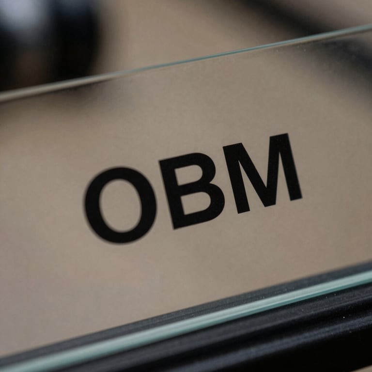 Detail of an OEM certification logo on a high-quality glass pane, shot with shallow depth of field.