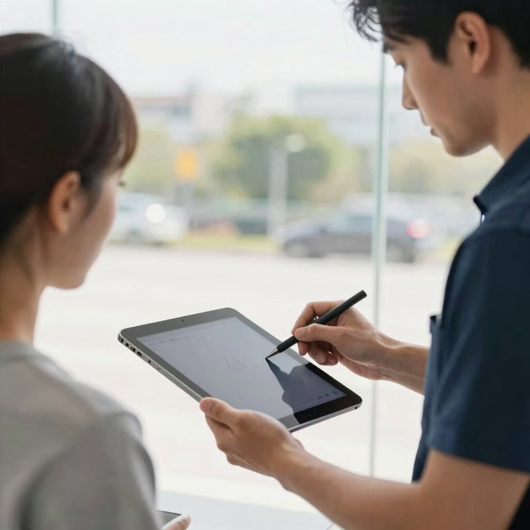 A professional technician handing a tablet to a customer for a digital sign-off in a bright outdoor setting.