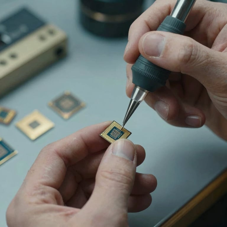 Close-up of a technician's hands using specialized resin tools for a precise chip repair, muted blue and gold tones.