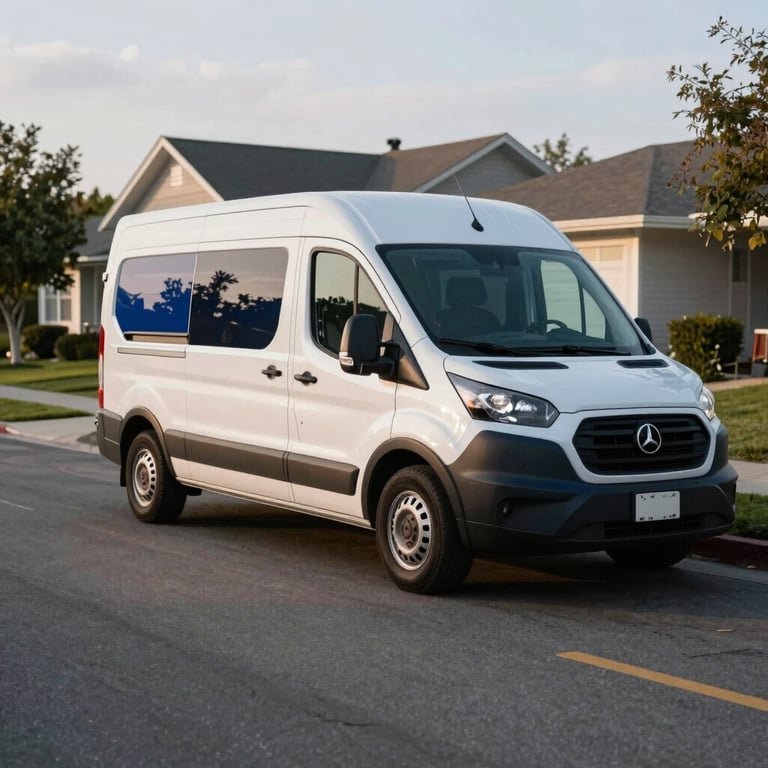 A branded mobile service van parked on a clean suburban North American street with deep blue accents.