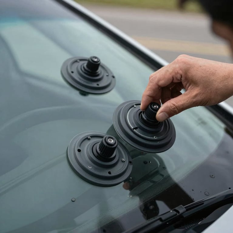 Action shot of a windshield being lowered into place with specialized suction cups, reflecting integrity and pride.