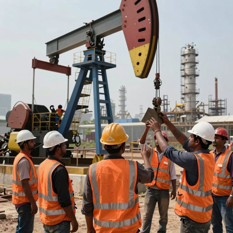 A team of workers in orange safety vests and hard hats erecting heavy equipment at an oil refinery construction site in South Asia.