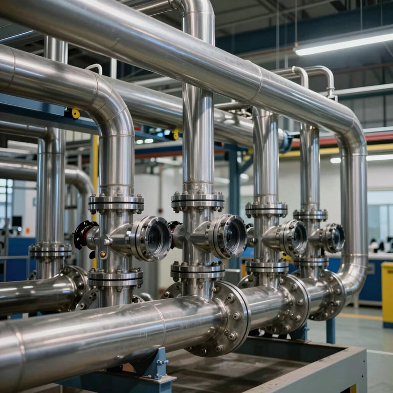 A completed network of polished stainless steel industrial piping inside a modern processing facility.