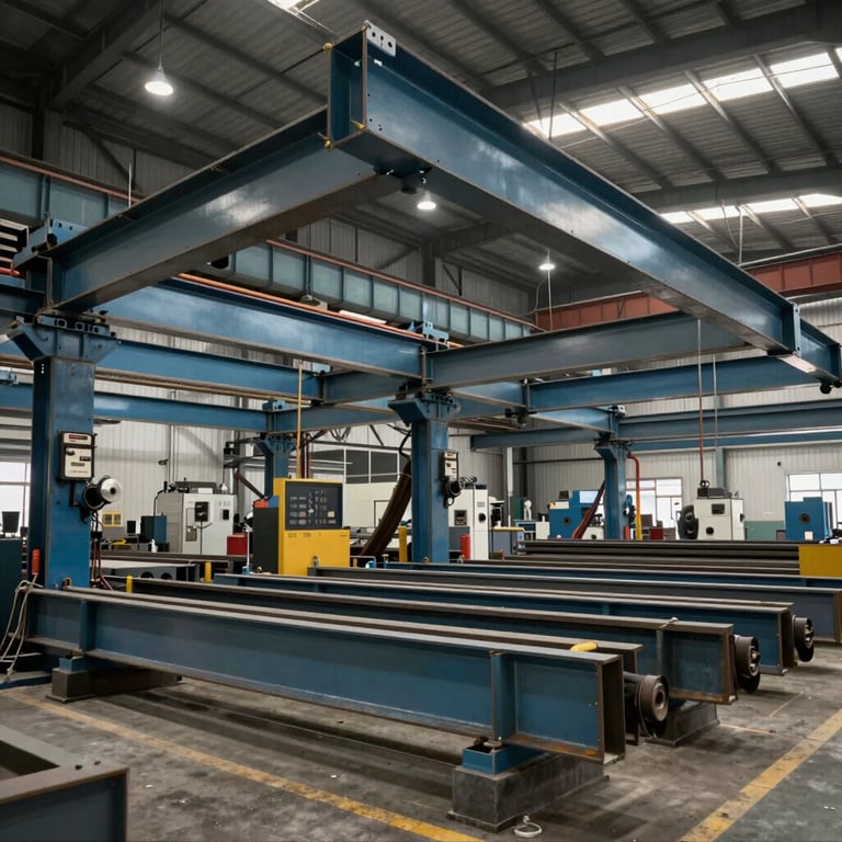 A large-scale structural fabrication workshop in India with steel beams and heavy machinery. Industrial blue and steel grey tones.