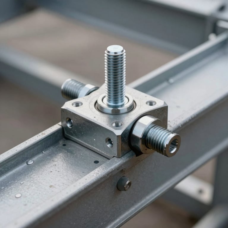 Detailed macro photography of high-quality mechanical bolts and joints on a structural steel frame.