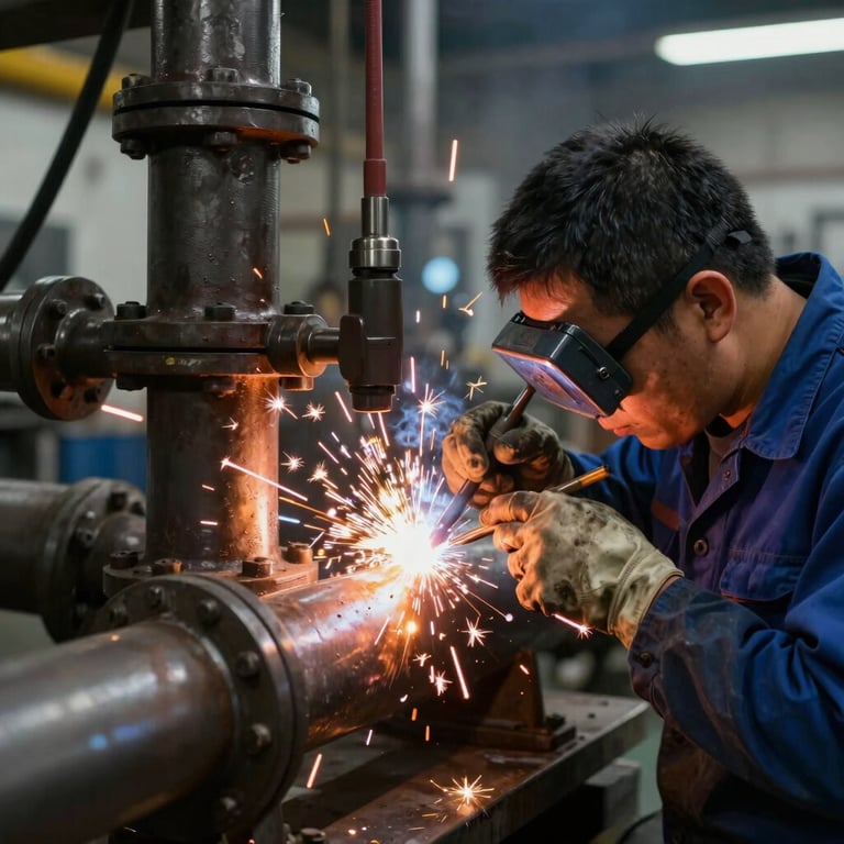 A skilled technician performing precision welding on an industrial pipe, sparks flying, with orange glow against dark steel.