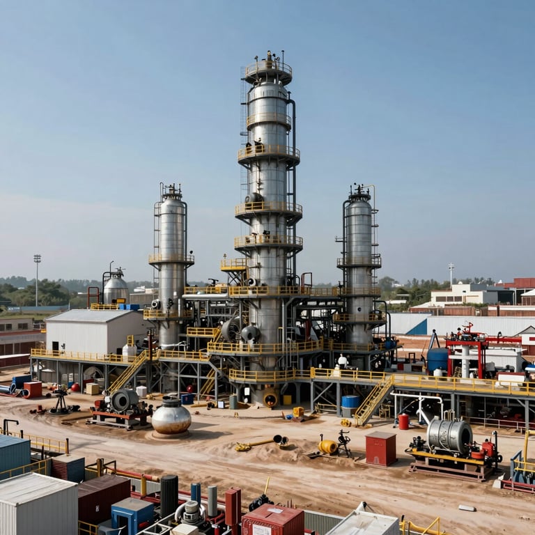 Panoramic view of a massive hydrocarbon project under development, showcasing technical precision and engineering scale.