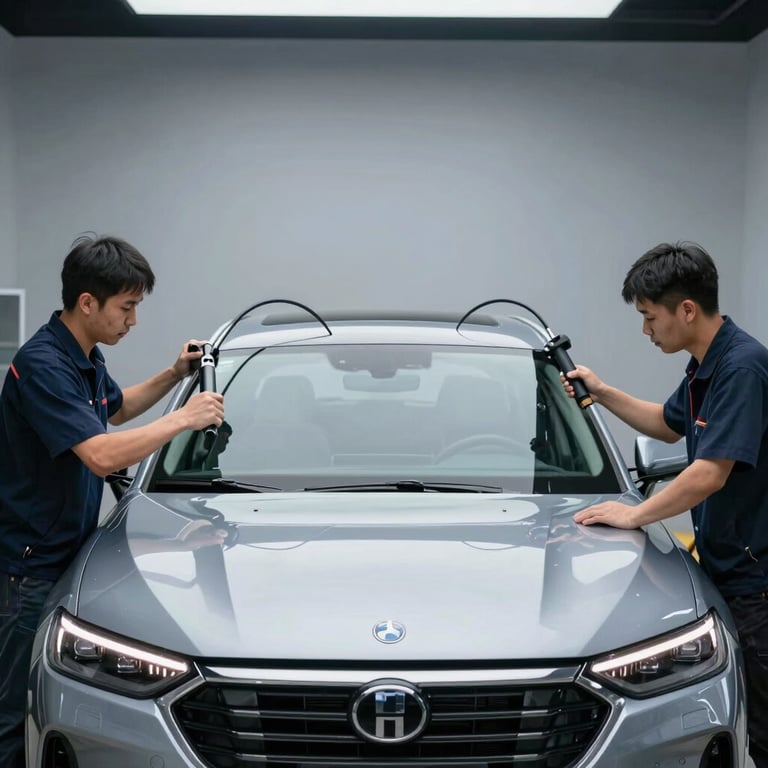 A wide shot of two technicians carefully installing a large windshield into a modern SUV using heavy-duty suction tools.
