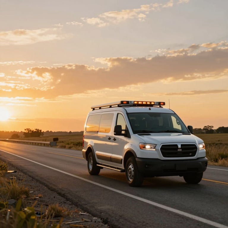 A service vehicle traveling on a scenic US highway during a vibrant, golden hour sunset, symbolizing efficiency and reach.