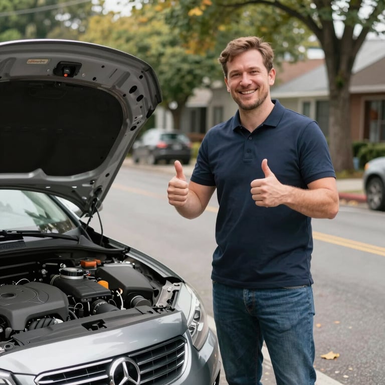 A happy customer giving a thumbs up next to their repaired vehicle on a leafy North American street.