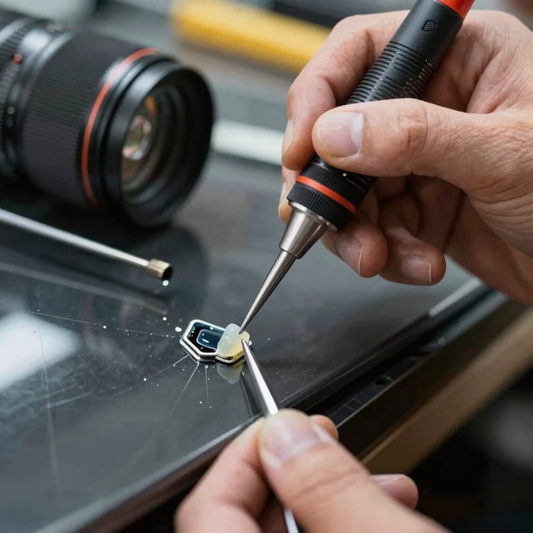 Macro shot of a technician repairing a small windshield chip using specialized resin and professional tools.