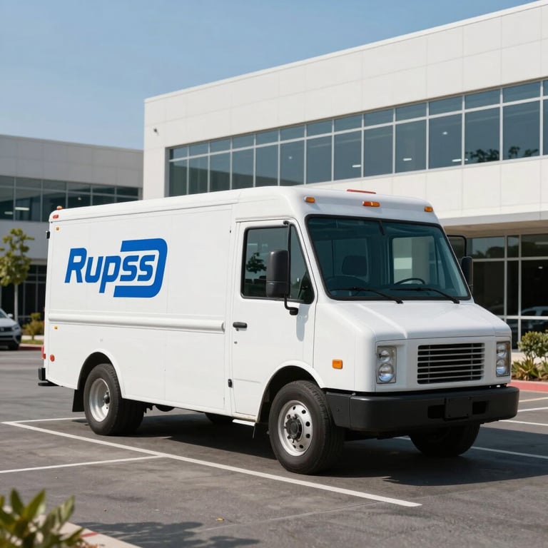 A branded service truck parked in a modern US office complex parking lot on a clear, bright day.