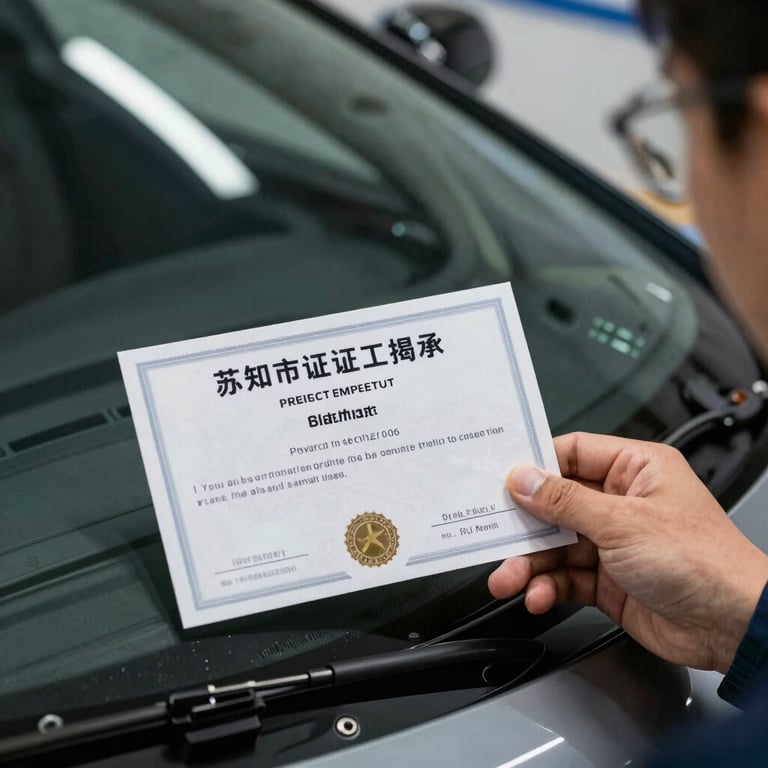 A detail shot of a technician’s hand holding a certification card next to a perfectly installed new windshield.