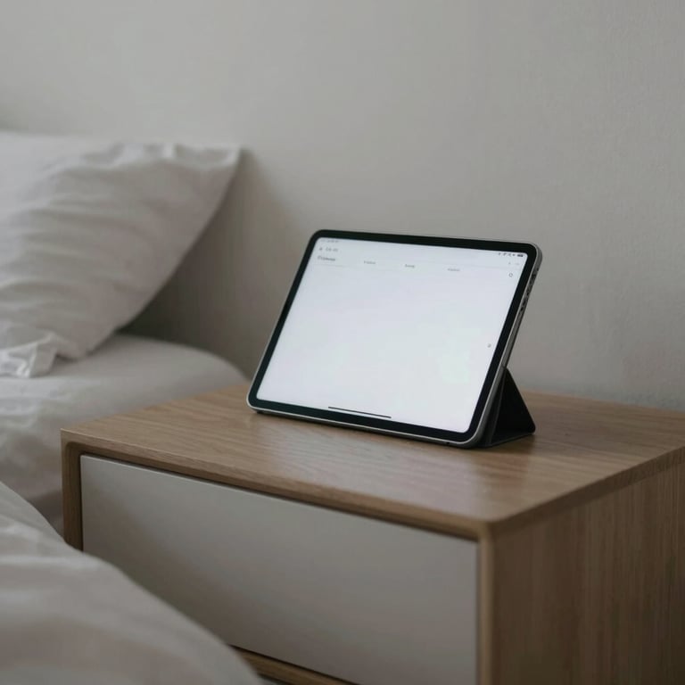 A minimalist bedroom in the US with a tablet on the nightstand, showcasing a peaceful digital bedtime routine.
