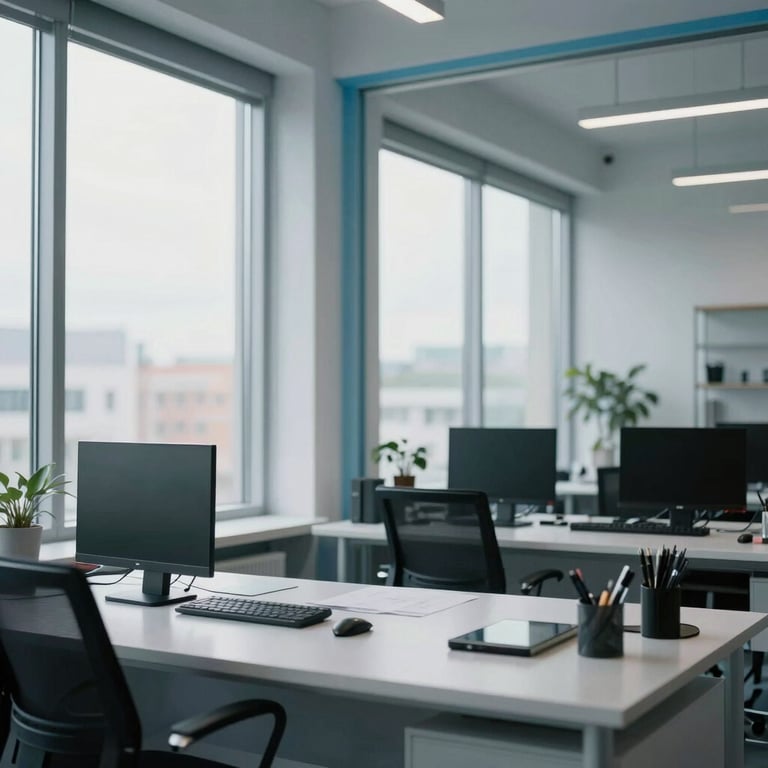 Photography of a modern tech studio interior with large windows and light blue accents, reflecting a professional atmosphere.