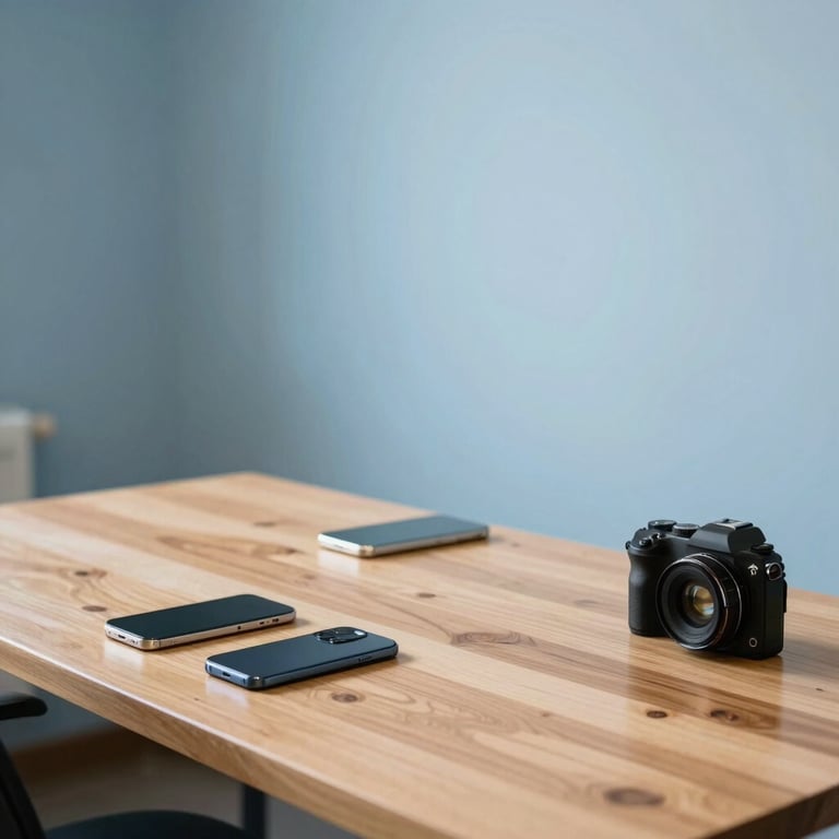 A wide shot of a serene North American workspace with soft blue walls and a clean wooden desk holding mobile devices.