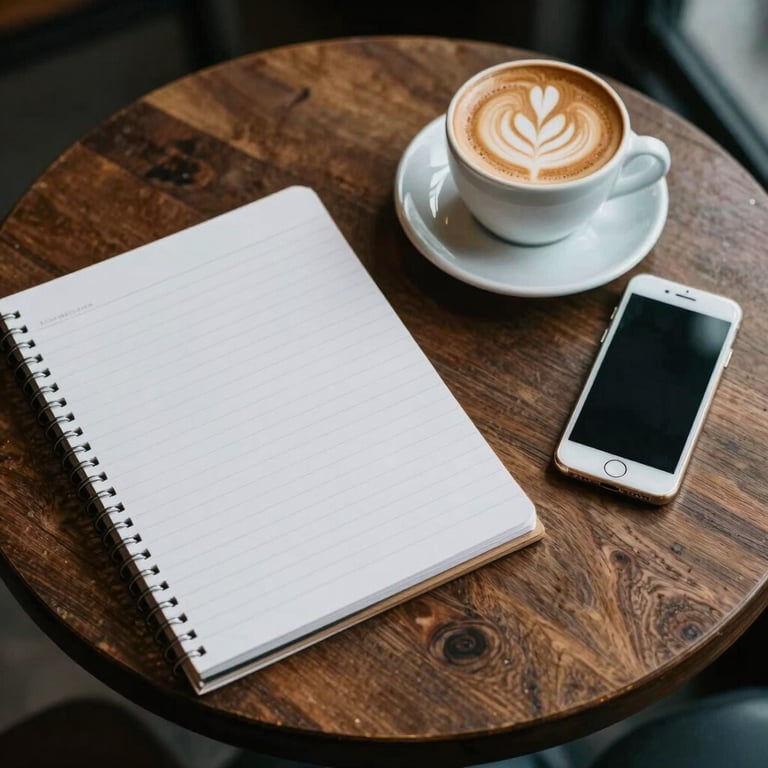 An overhead view of a coffee shop table in the US with a notebook, a smartphone, and a latte, symbolizing quiet productivity.